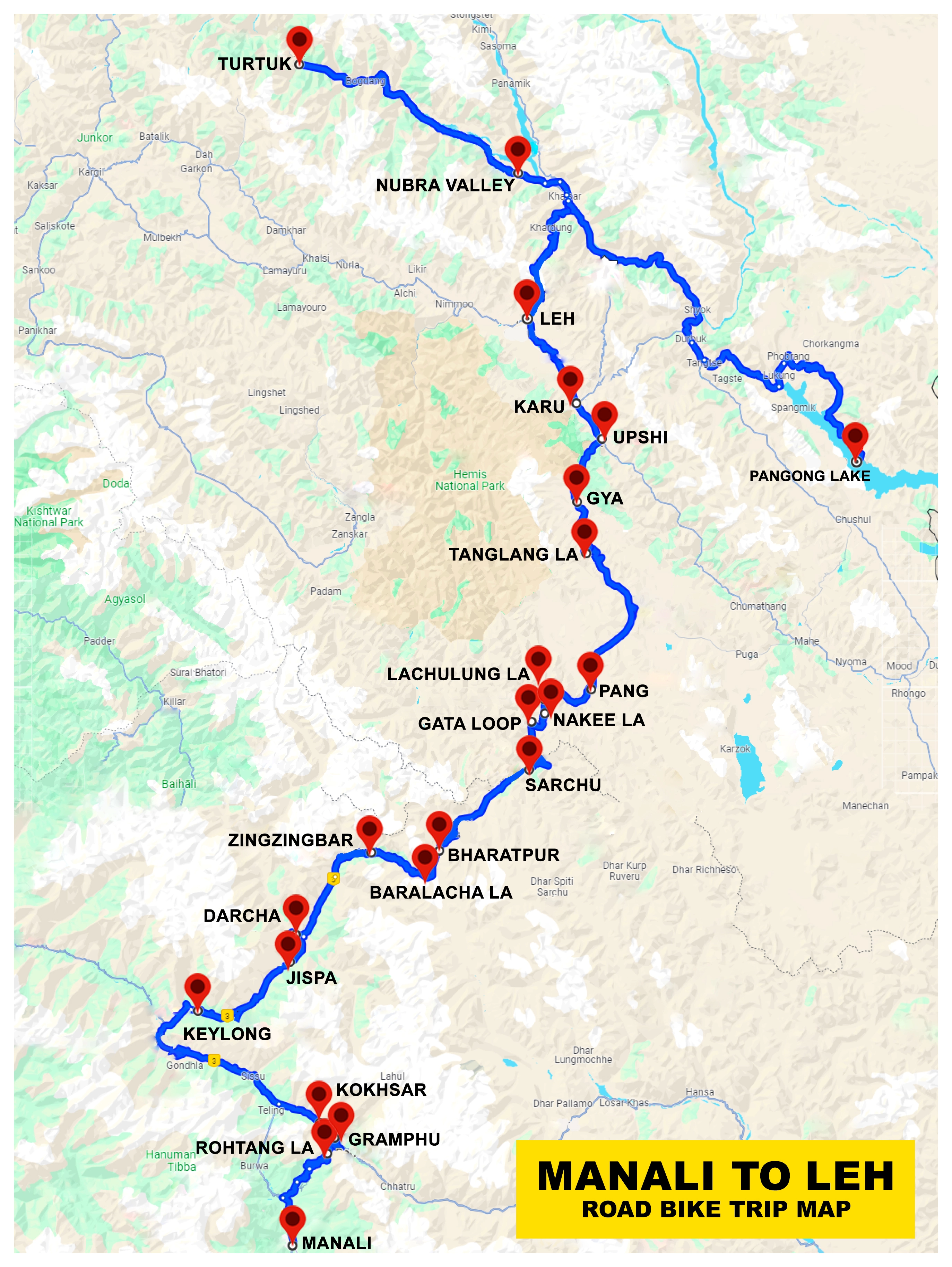 Manali to Leh Ladakh Bike Trip Route Map